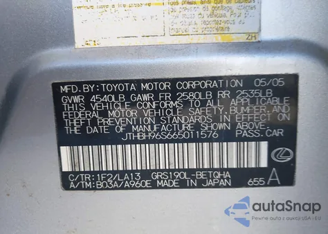 2006 Lexus Gs 300 from USA, damaged, VIN JTHBH96S665011576